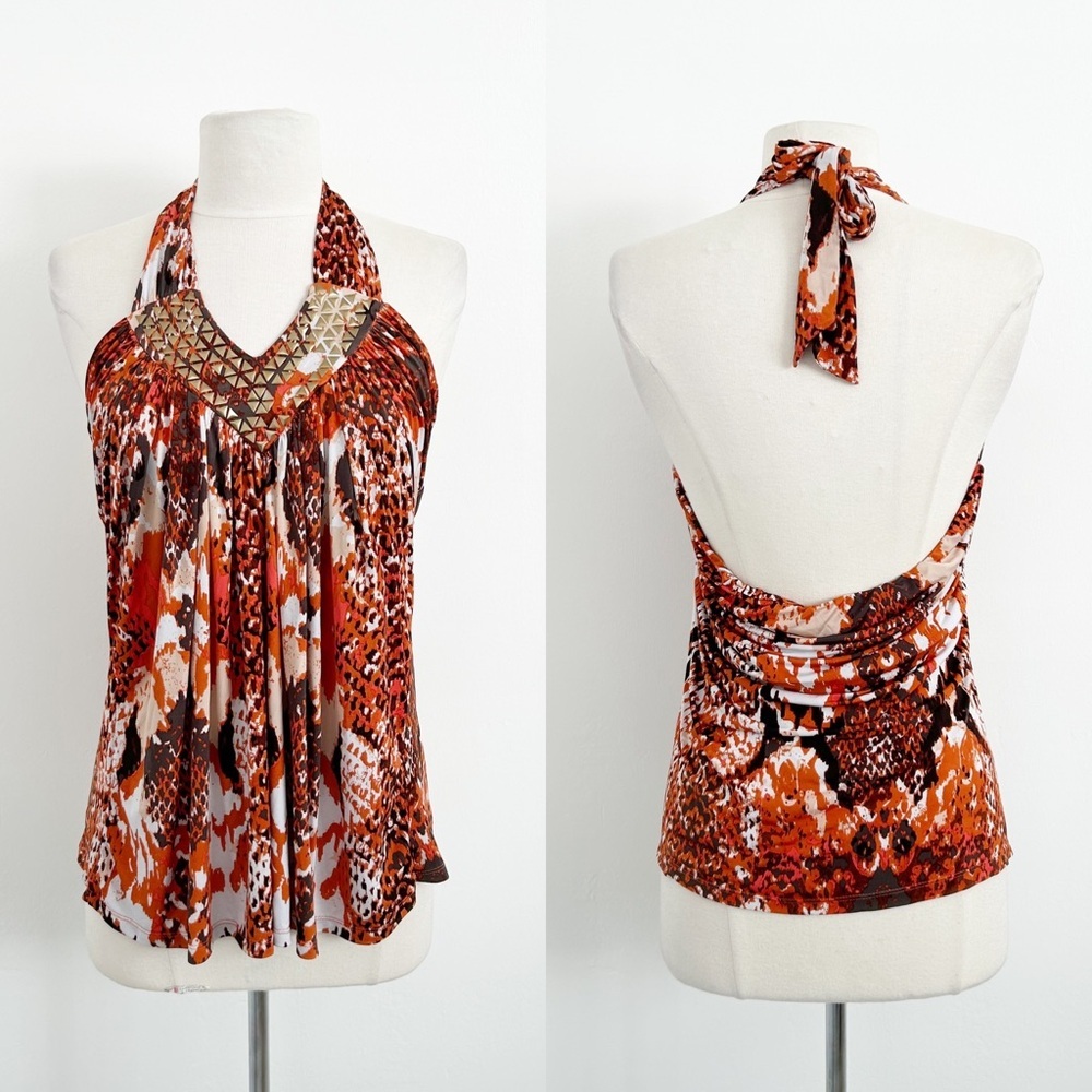 Vintage Cache Y2K 2000s Orange Snake Print Jersey Halter Top Size XL